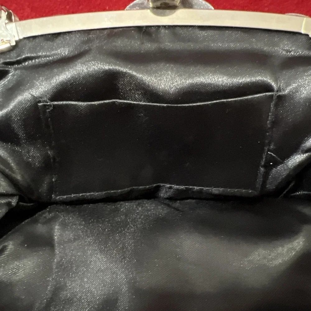 Women Satin Rose Rhinestone Black / Gray Color Handbag Silver tone chain - Picture 14 of 14